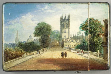 Étui à cartes victorien, avec une scène du Magdalen College, Oxford